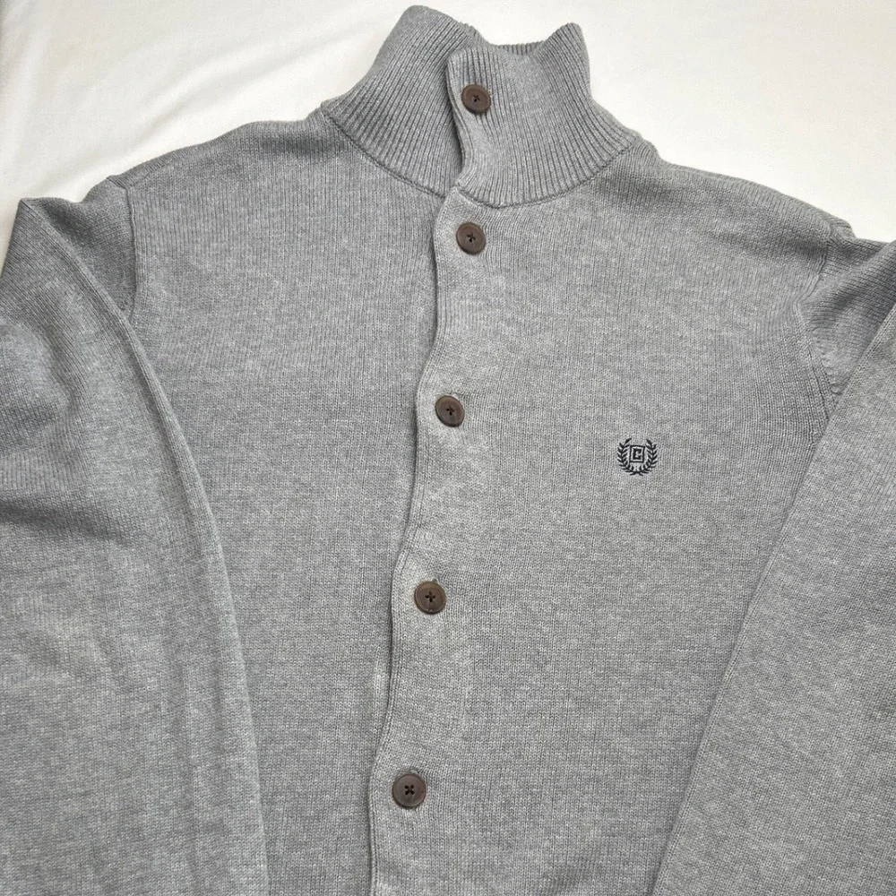 Chaps Mens Gray Button Up Cardigan Sweater Size L Cotton Preppy Academia Casual